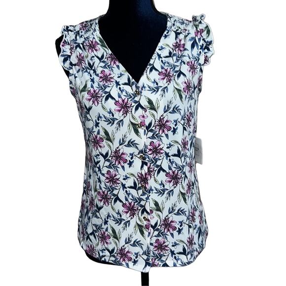 Perseption Concept Floral Blouse Sz S NWT White with Blue & Purple Flowers - Picture 1 of 8